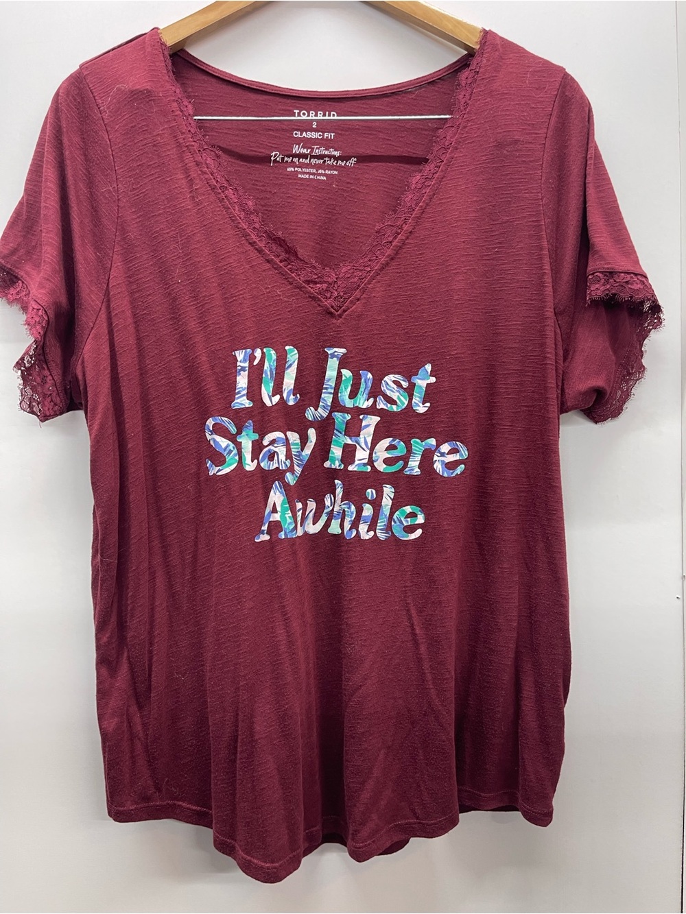 torrid Wine Lace-Trim V-Neck Graphic Tee